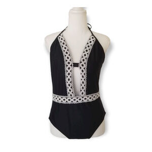 Swimwear Boho Crochet Trim Plunge one Piece - Size XL